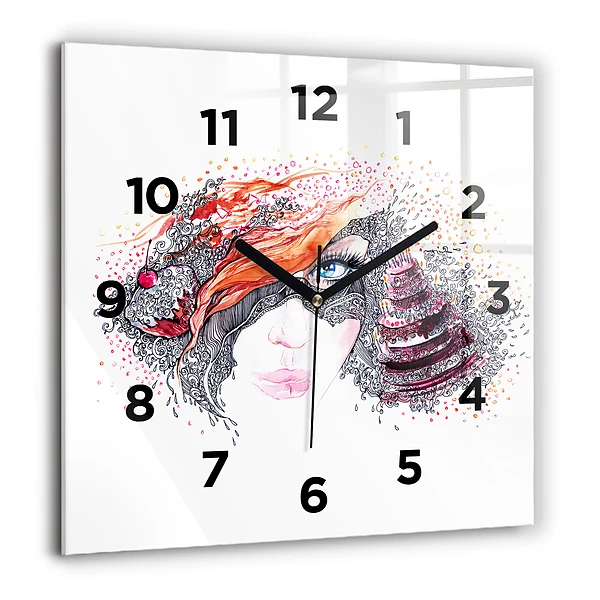 Wanduhr quadratisch Süße Frau mit Kuchen