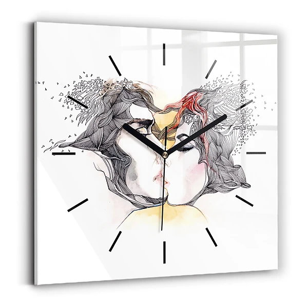Wanduhr modern quadratisch Zeichnung eines Liebeskusses