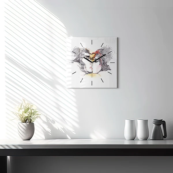 Wanduhr modern quadratisch Zeichnung eines Liebeskusses
