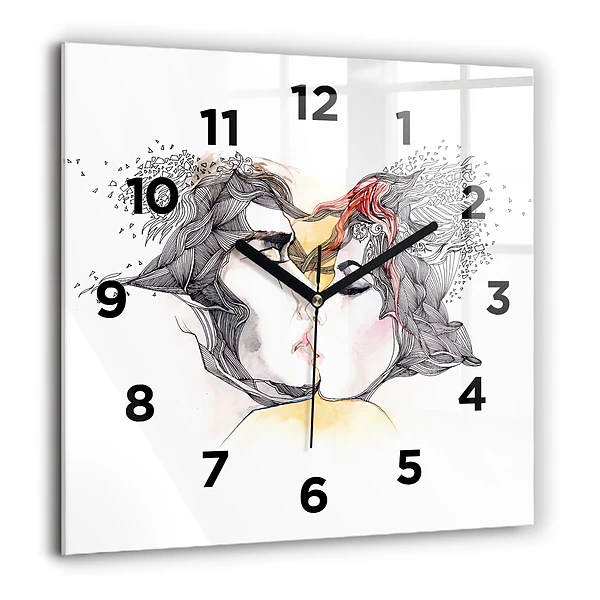 Wanduhr modern quadratisch Zeichnung eines Liebeskusses