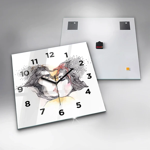 Wanduhr modern quadratisch Zeichnung eines Liebeskusses