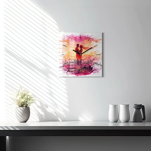 Wanduhr quadratisch mit motiv Aquarell eines verliebten Paares