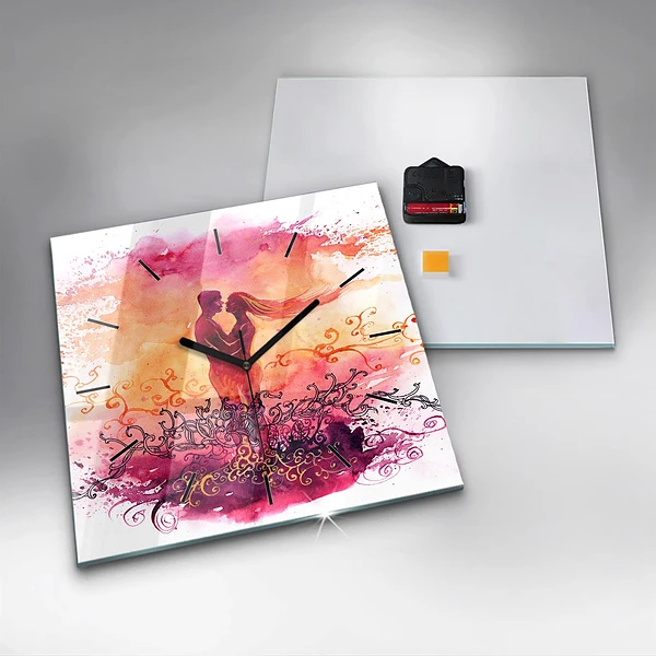 Wanduhr quadratisch mit motiv Aquarell eines verliebten Paares