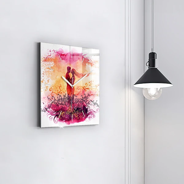 Wanduhr quadratisch mit motiv Aquarell eines verliebten Paares