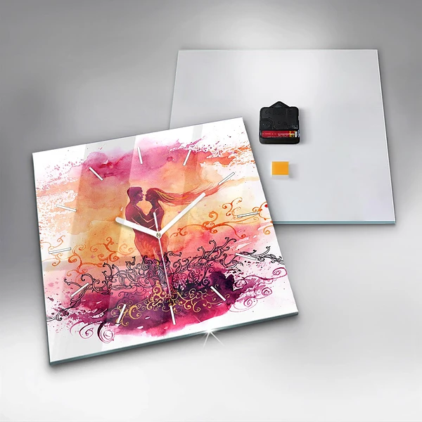 Wanduhr quadratisch mit motiv Aquarell eines verliebten Paares