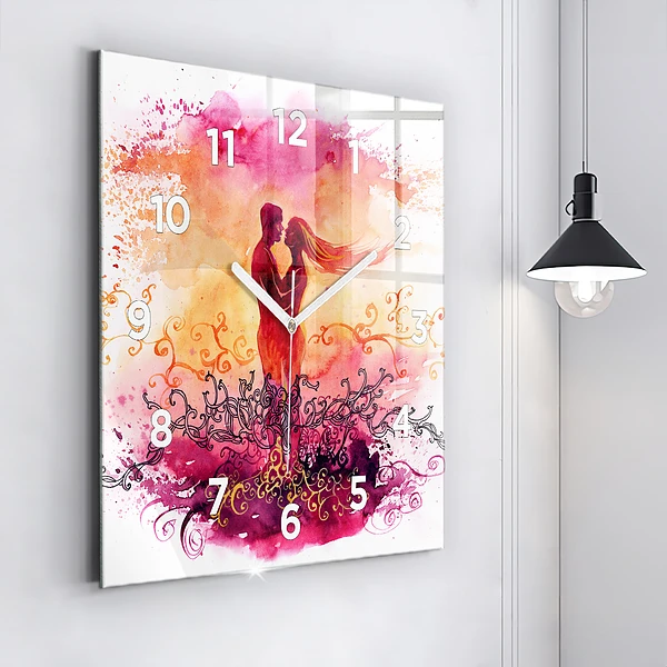 Wanduhr quadratisch mit motiv Aquarell eines verliebten Paares