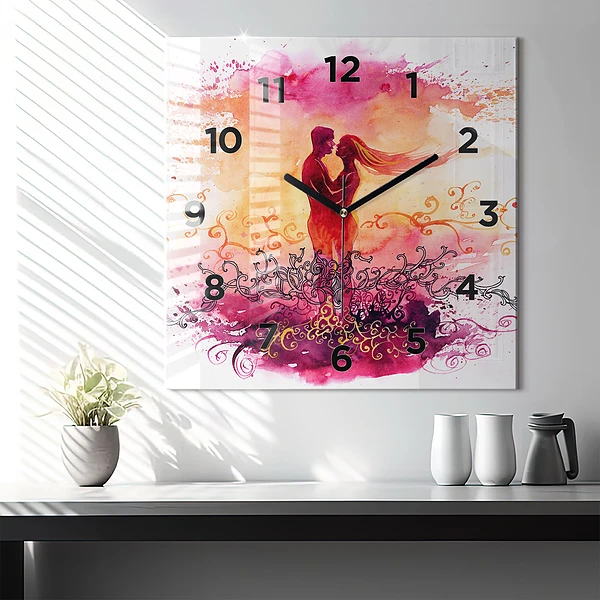 Wanduhr quadratisch mit motiv Aquarell eines verliebten Paares