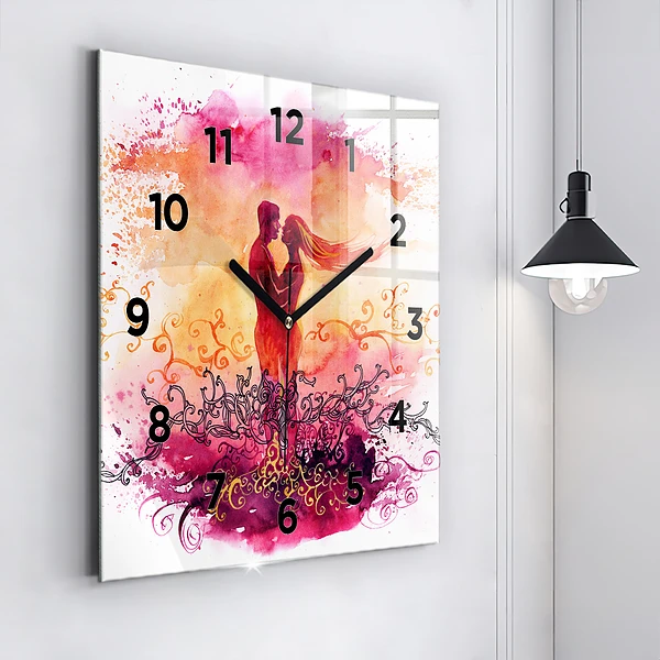 Wanduhr quadratisch mit motiv Aquarell eines verliebten Paares