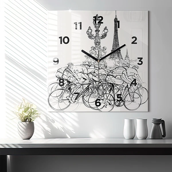 Wanduhr quadratisch mit motiv Zeichnung eines Radrennens