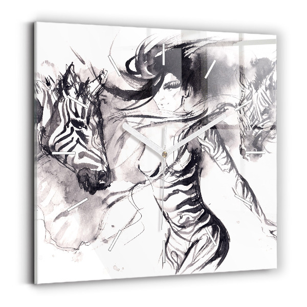 Wanduhr modern quadratisch Frau und Zebras