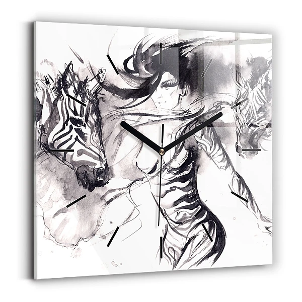 Wanduhr modern quadratisch Frau und Zebras