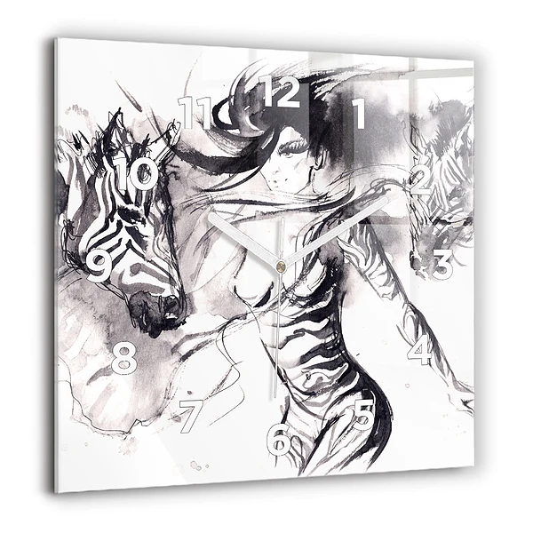 Wanduhr modern quadratisch Frau und Zebras
