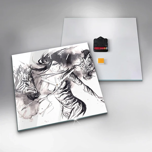 Wanduhr modern quadratisch Frau und Zebras