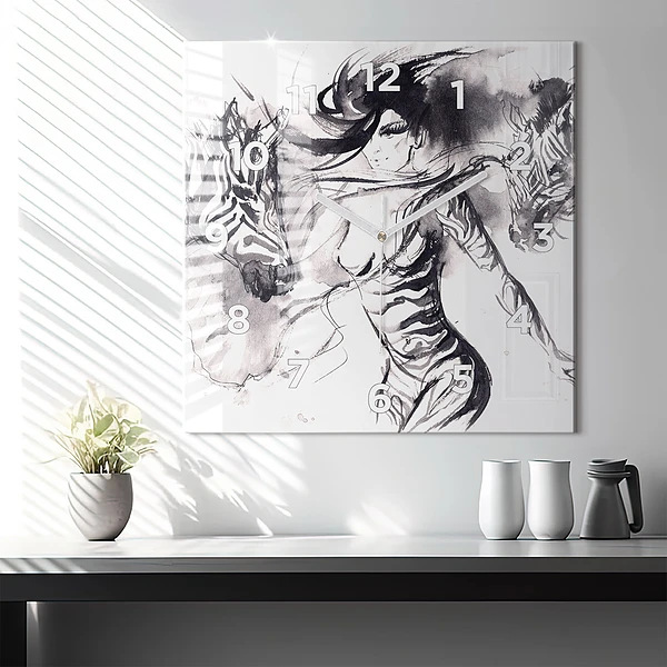 Wanduhr modern quadratisch Frau und Zebras