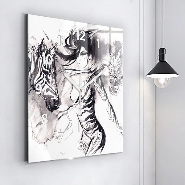 Wanduhr modern quadratisch Frau und Zebras