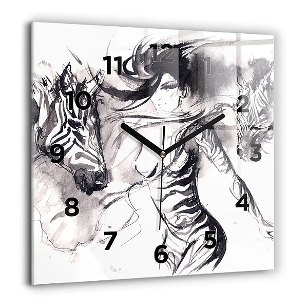Wanduhr modern quadratisch Frau und Zebras