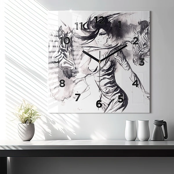 Wanduhr modern quadratisch Frau und Zebras