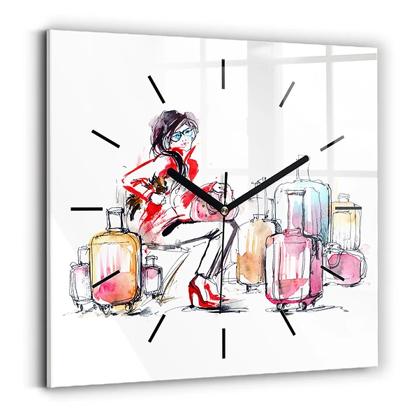 Wanduhr quadratisch mit motiv Frau Reisekoffer