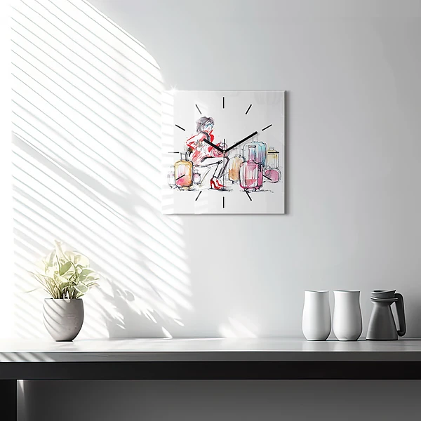 Wanduhr quadratisch mit motiv Frau Reisekoffer