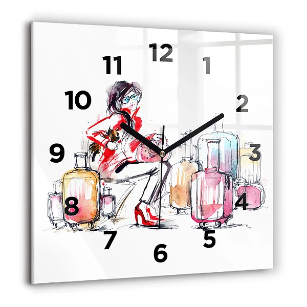 Wanduhr quadratisch mit motiv Frau Reisekoffer
