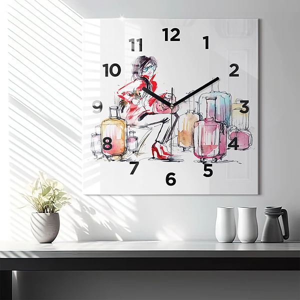Wanduhr quadratisch mit motiv Frau Reisekoffer