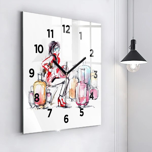 Wanduhr quadratisch mit motiv Frau Reisekoffer