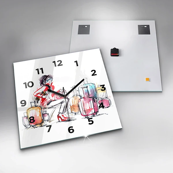 Wanduhr quadratisch mit motiv Frau Reisekoffer