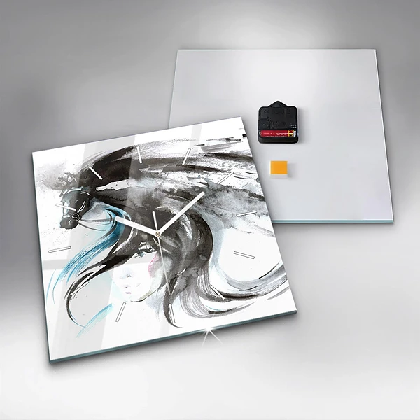 Wanduhr quadratisch mit motiv Abstraktes Pferd und Frau