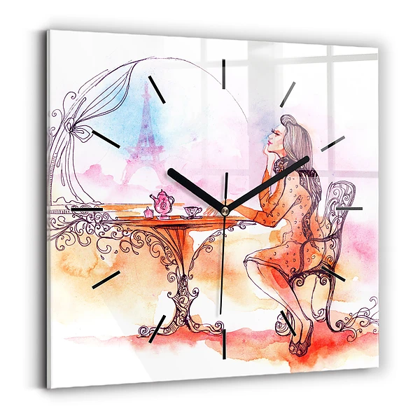 Wanduhr modern quadratisch Frau trinkt Tee