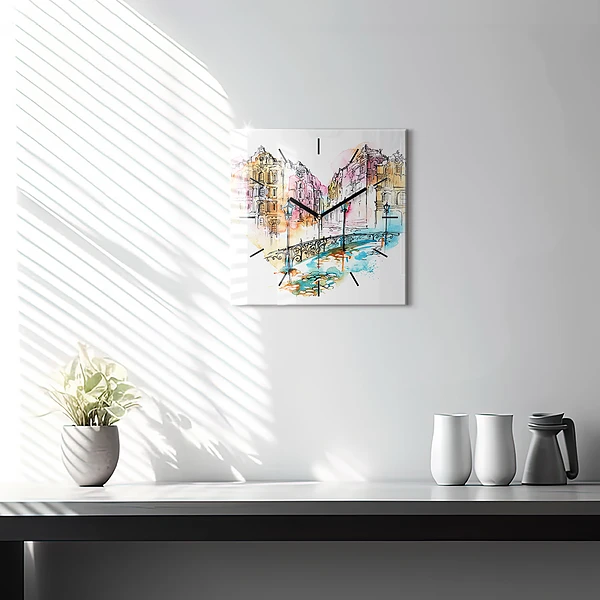 Wanduhr quadratisch Gemalte Architektur