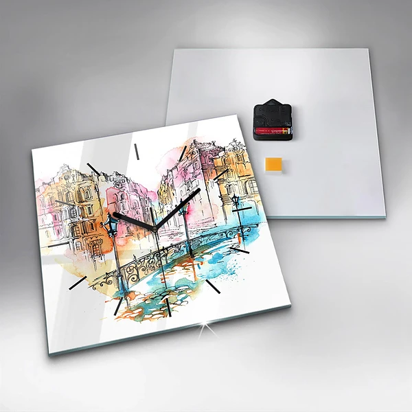 Wanduhr quadratisch Gemalte Architektur