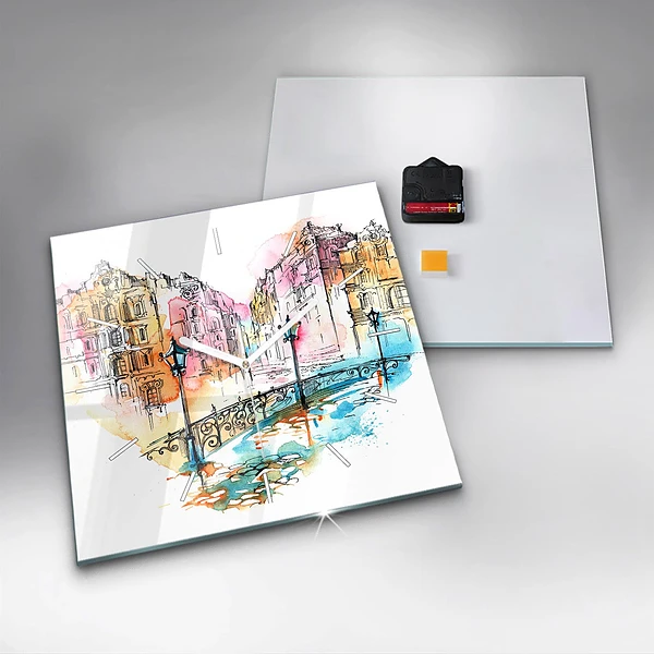 Wanduhr quadratisch Gemalte Architektur