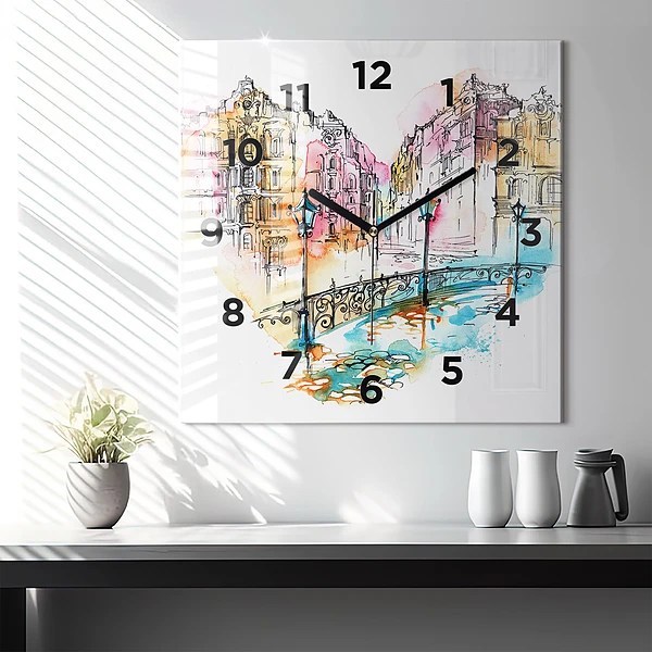 Wanduhr quadratisch Gemalte Architektur