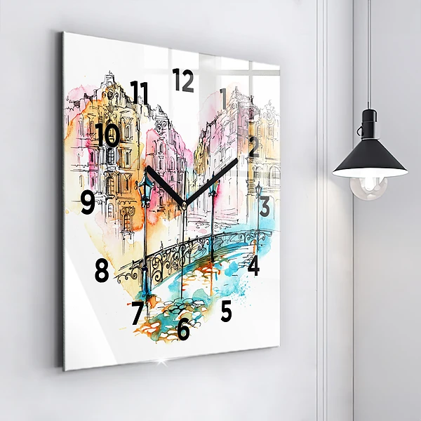 Wanduhr quadratisch Gemalte Architektur