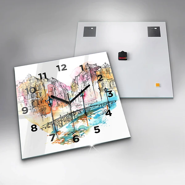 Wanduhr quadratisch Gemalte Architektur