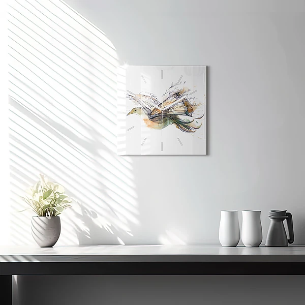 Wanduhr modern quadratisch Vogel-Buch