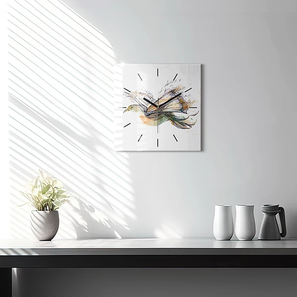 Wanduhr modern quadratisch Vogel-Buch