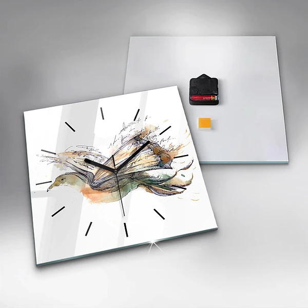 Wanduhr modern quadratisch Vogel-Buch