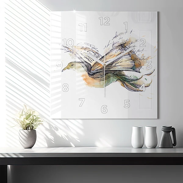 Wanduhr modern quadratisch Vogel-Buch