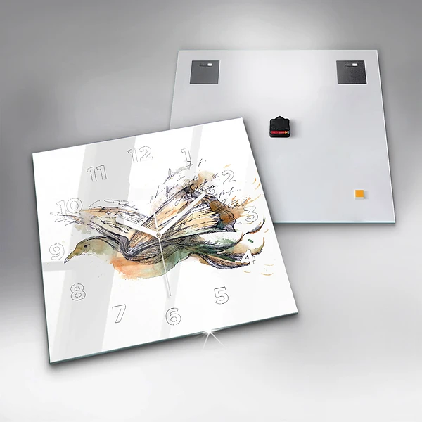 Wanduhr modern quadratisch Vogel-Buch
