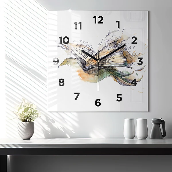 Wanduhr modern quadratisch Vogel-Buch