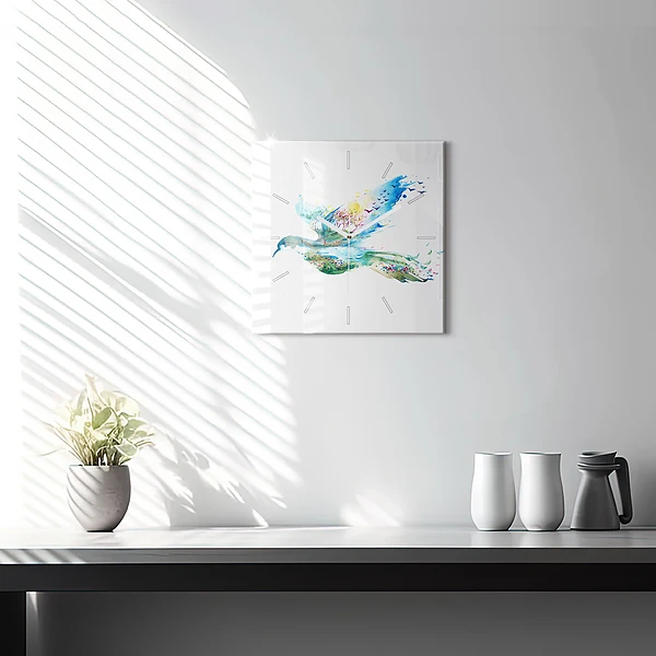 Wanduhr quadratisch mit motiv Vogel und Frühling Abstraktion