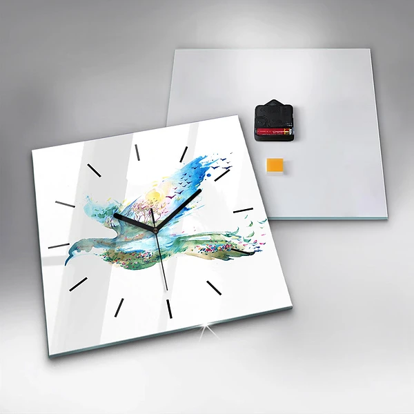 Wanduhr quadratisch mit motiv Vogel und Frühling Abstraktion