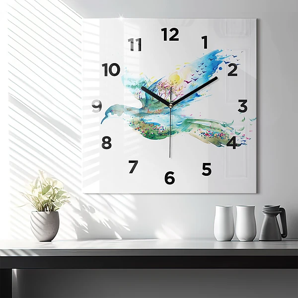Wanduhr quadratisch mit motiv Vogel und Frühling Abstraktion