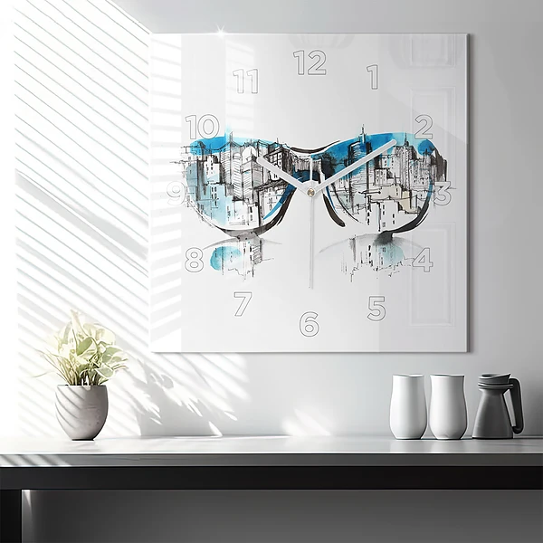 Wanduhr quadratisch mit motiv Die Stadt im Glas