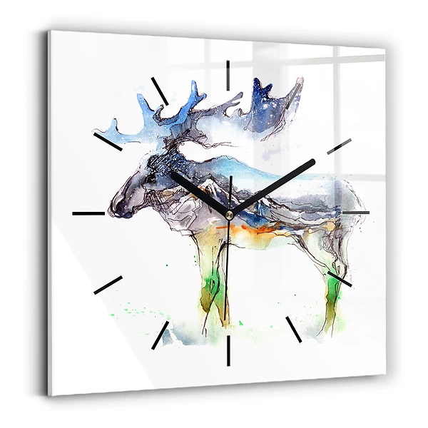 Wanduhr quadratisch Elch und Berglandschaft