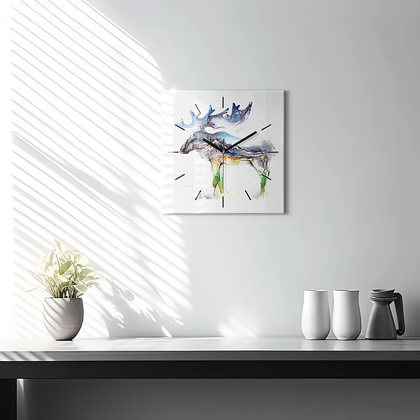 Wanduhr quadratisch Elch und Berglandschaft
