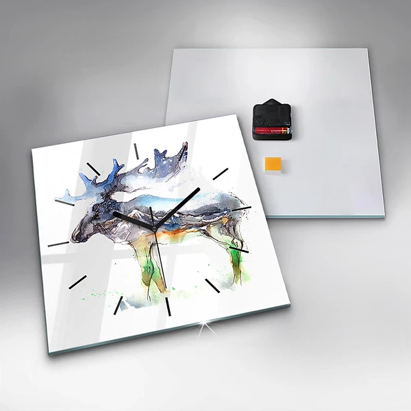 Wanduhr quadratisch Elch und Berglandschaft