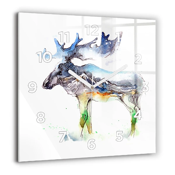 Wanduhr quadratisch Elch und Berglandschaft