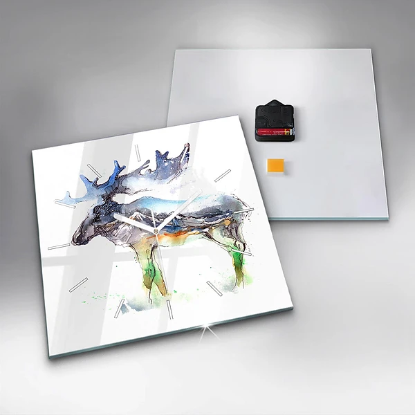 Wanduhr quadratisch Elch und Berglandschaft